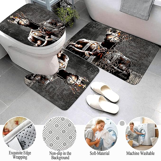 4Pcs Cool Black King Shower Curtain Set with Waterproof Shower Curtain Bath Mat Rug and Toilet Lid Cover, Inspirational Quote African American King Bathroom Decor Set for Man