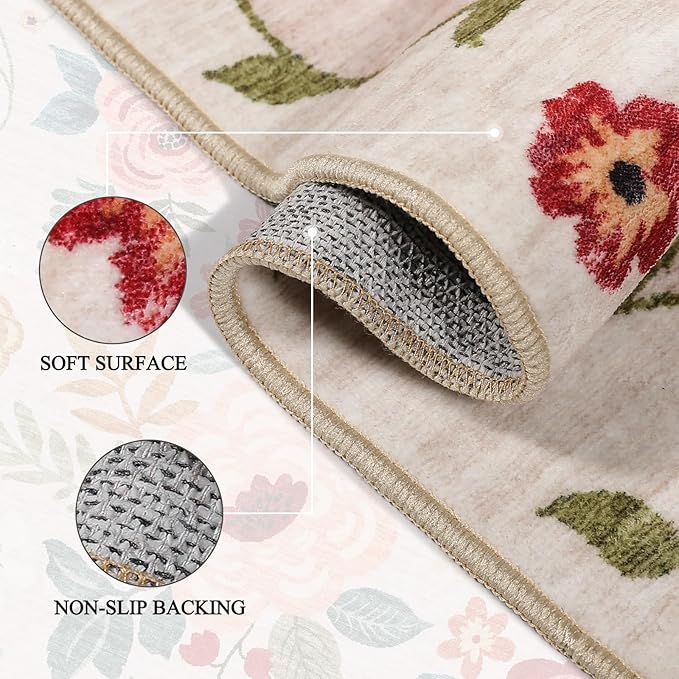 DUKINO 2x5 Runner Rug for Hallway, Washable Kitchen Floral Runner Rug with Non Slip Backing, Low Pile Soft Boho Carpet for Kitchen, Hallway, Entryway, Laundry, Bedroom, Beige