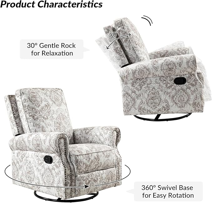HULALA Home Modern Rocker Recliner, Printed Fabric Swivel Glider with Adjustable Backrest & Footrest, Beige
