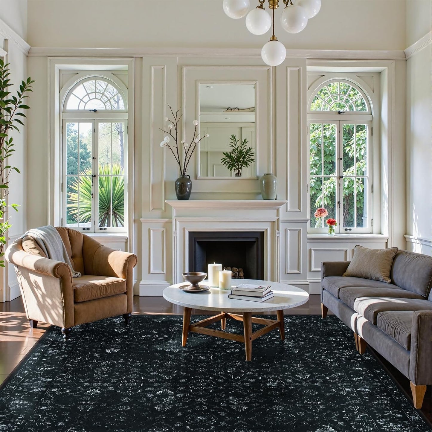 Vintage Black Rugs for Living Room, Ultra-Thin Washable Rugs 8x10 for Bedroom Non Slip, Non Shedding Soft Boho Carpet Rug for Dining Room Office (8'x10', Black)