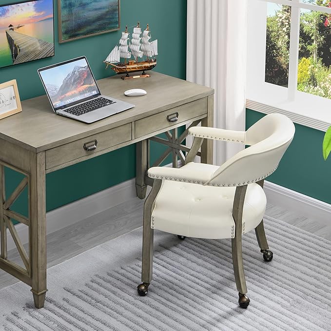 MODERION Dining Chair with Wheels and Arms - Solid Wood Boss Captain's Chair, Office Desk Swivel Accent Chair, Upholstered, 31.5"H for Living Room, White SY1318WT