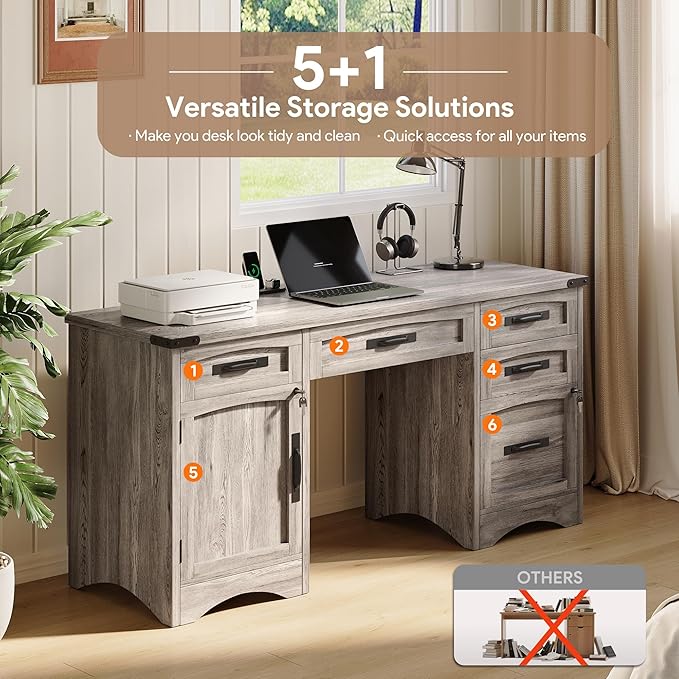 Farmhouse Executive Desk with Drawers, 55" Home Office Desks with Fast Charging Station, Lockable File Cabinet, Wood Writing Computer Desk for Work, Study, Grey