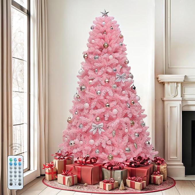 DWVO 7.5ft Pre-lit Christmas Tree with Lights, Pink Prelit Atificial Trees with 1350 Tips & 550 UL Listed Lights, Automatic Branches & Easy Assembly for Home Party