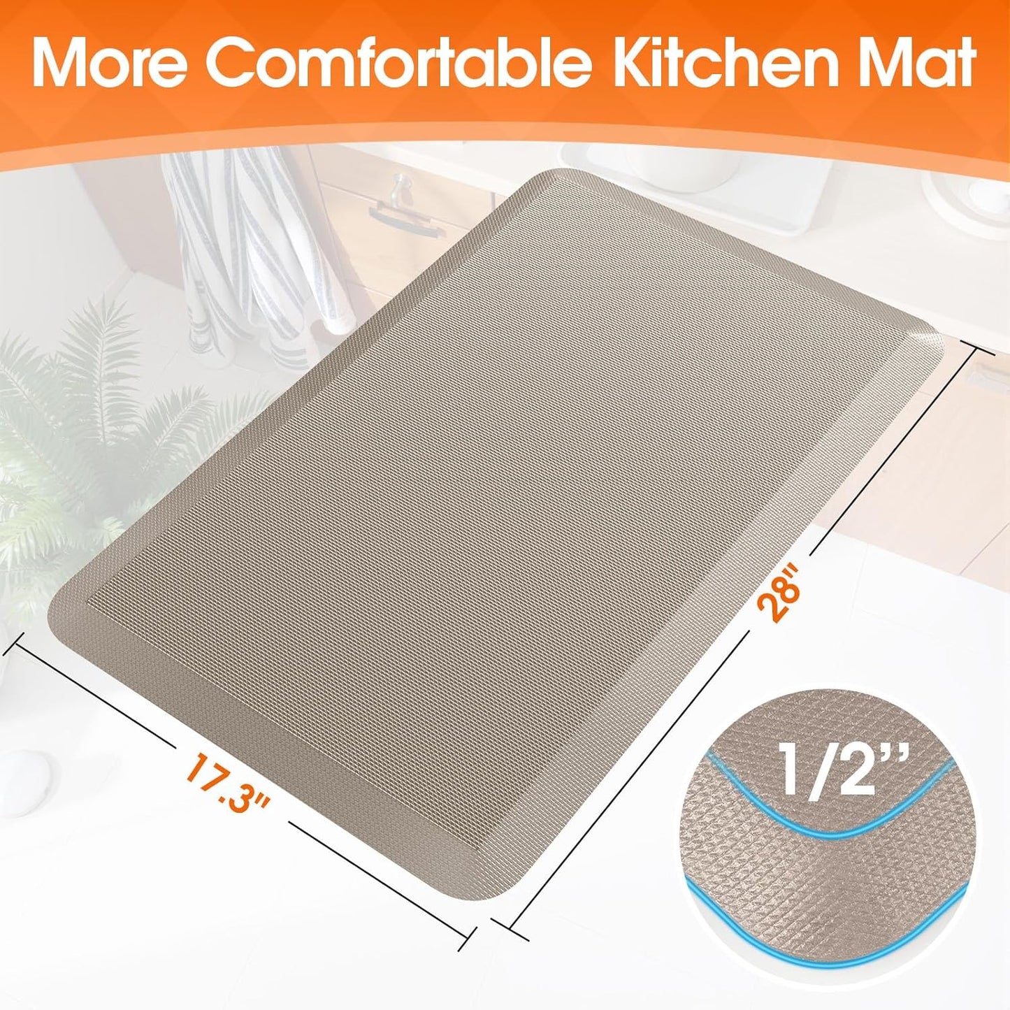 Kitchen Mat, Cushioned Thick Floor Comfort Mat, with Non-Slip Bottom, Waterproof & Stain Resistant & Easy Clean, Standing Desk Mat for Kitchen, Sink, Office (17.3''x28'', Khaki)