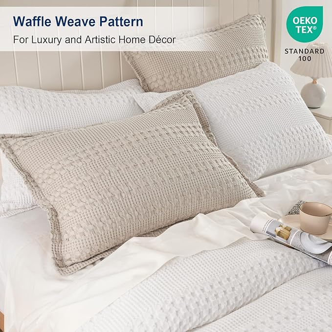 PHF 100% Cotton Ruffle Waffle Pillow Shams King Size, 2 Pack 20" x 36" Soft Skin-Friendly Pillowcases, No Filling, Aesthetic Home Decor, Breathable Waffle Weave Bed Pillow Covers, Oatmeal