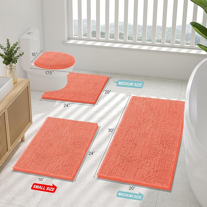 Smiry Luxury Chenille Bathroom Rugs 36x24, Extra Soft and Absorbent Shaggy Bath Mat, Machine Washable, Non-Slip Plush Carpet Runner for Tub, Shower, and Floor, Home Decor Accessories, Coral