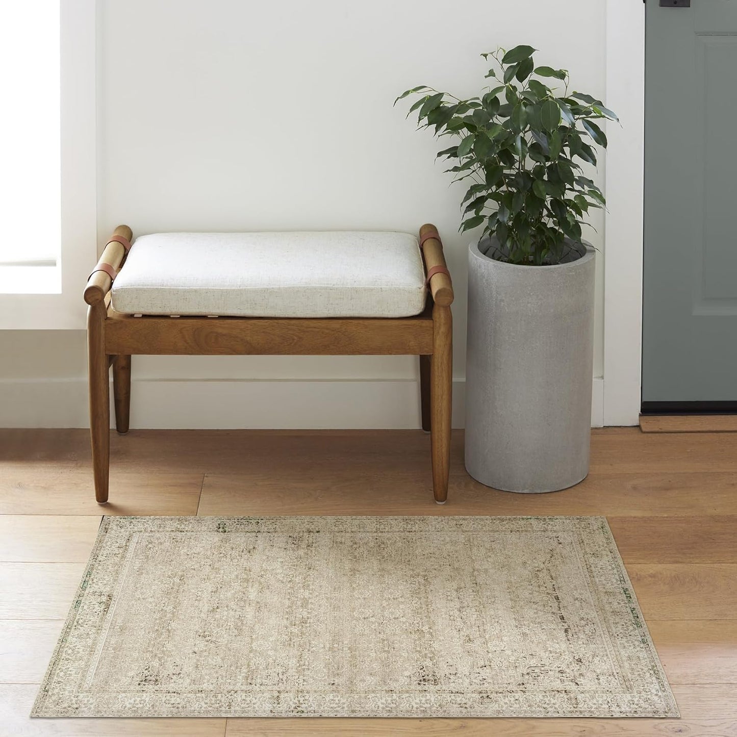 Boho Kitchen Rug Washable,2x3 Non Slip Farmhouse Neutral Small Area Rug for Bathroom Bedroom Indoor Entrway Ultra Thin Fit Under Door,Tan Brown and Cream Beige