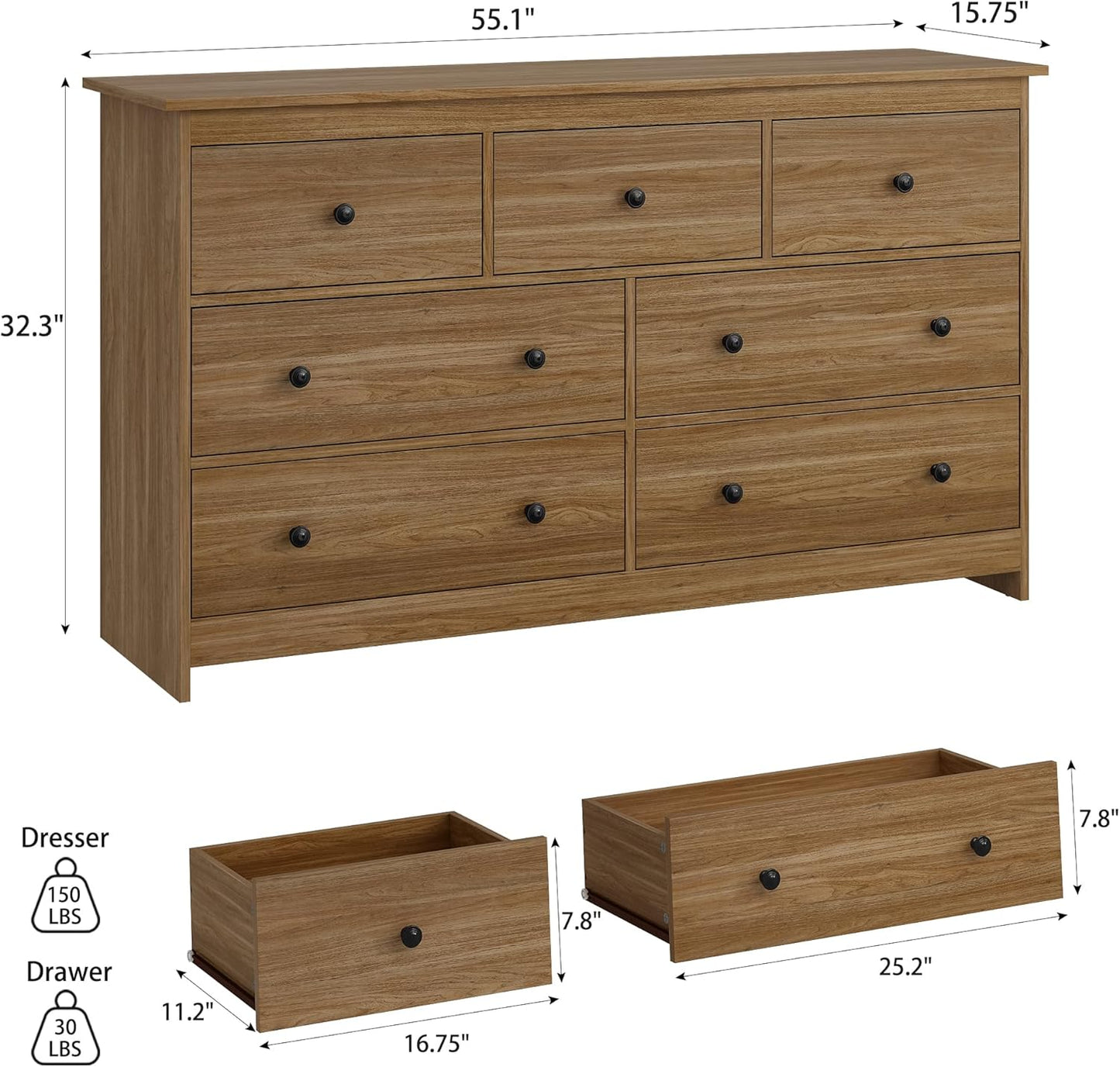 JOZZBY 55" Walnut Dresser for Bedroom, 7 Drawer Wood Large Dresser with Metal Knob, Modern Chests of Deep Drawers Organizer for Home Office, Hallway