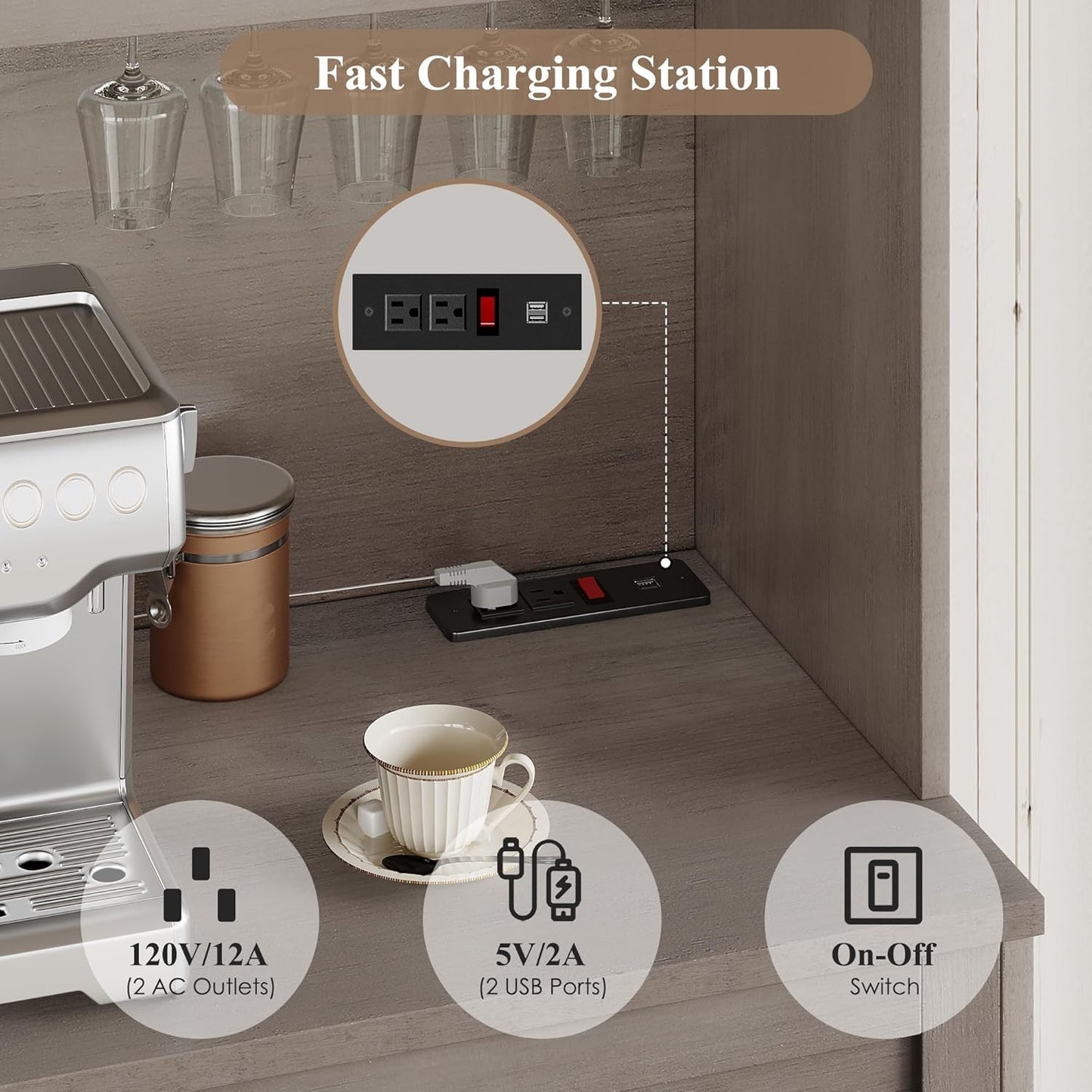 HOSTACK 75.4" Tall Kitchen Pantry Cabinet with Charging Station, Modern White Kitchen Hutch with Microwave Stand and Wine Rack, Large Food Pantry Storage Cabinet with Glass Doors and Drawers, Ash Gray