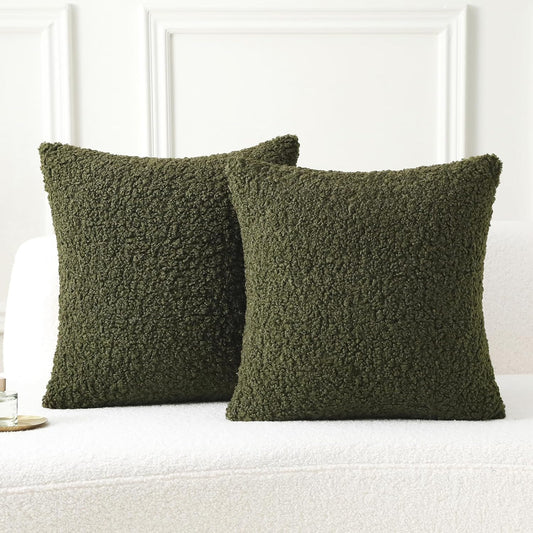 FUTEI Olive Green Throw Pillow Covers 20x20 Inch Set of 2,Furry Faux Fur Teddy Boucle Textured Cushion Covers,Soft Fluffy Decorative Pillow Case,Home Decor for Couch Bed Living Room Office Car