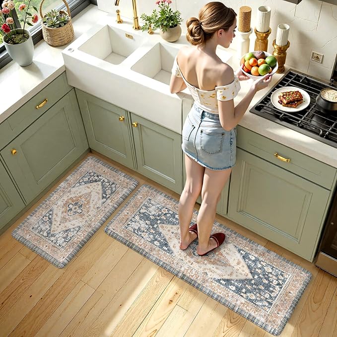 KIMODE Kitchen Rugs and Mats 2PCS Cushioned Anti Fatigue Kitchen Mat Non-Skid Waterproof Kitchen Runner Rug for Kitchen Decor,Floors,Office,Laundry,Blue and Gold