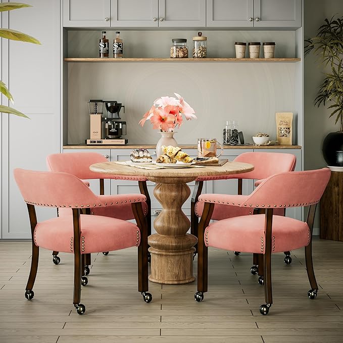 MODERION Dinning Chairs with Wheels and Arms Set of 4, Solid Wood Office Desk Chairs with Frosted Velvet Upholstered, Classic Swivel Accent Chairs, 31.5" H Boss Caption's Chair, Pink, XXY-HT22-PI