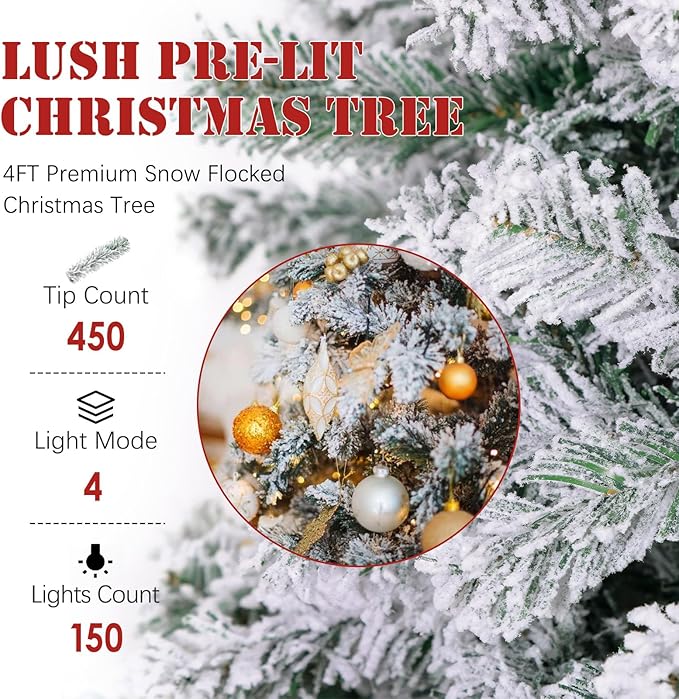 4FT Pre-Lit Snow Flocked Christmas Tree, Small Holiday Xmas Tree with 450 Branch Tips, 150 Warm Lights, Foldable Stand for Party Decoration