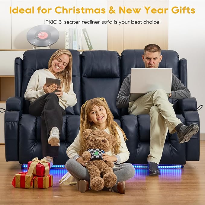 IPKIG 67" Power Reclining Loveseat Sofa, Electric Home Theater Seating with Console/4 Colors Ambient Lighting/Bluetooth Speakers/USB Ports/Built-in Outlets (Blue, Loveseat Recliner)