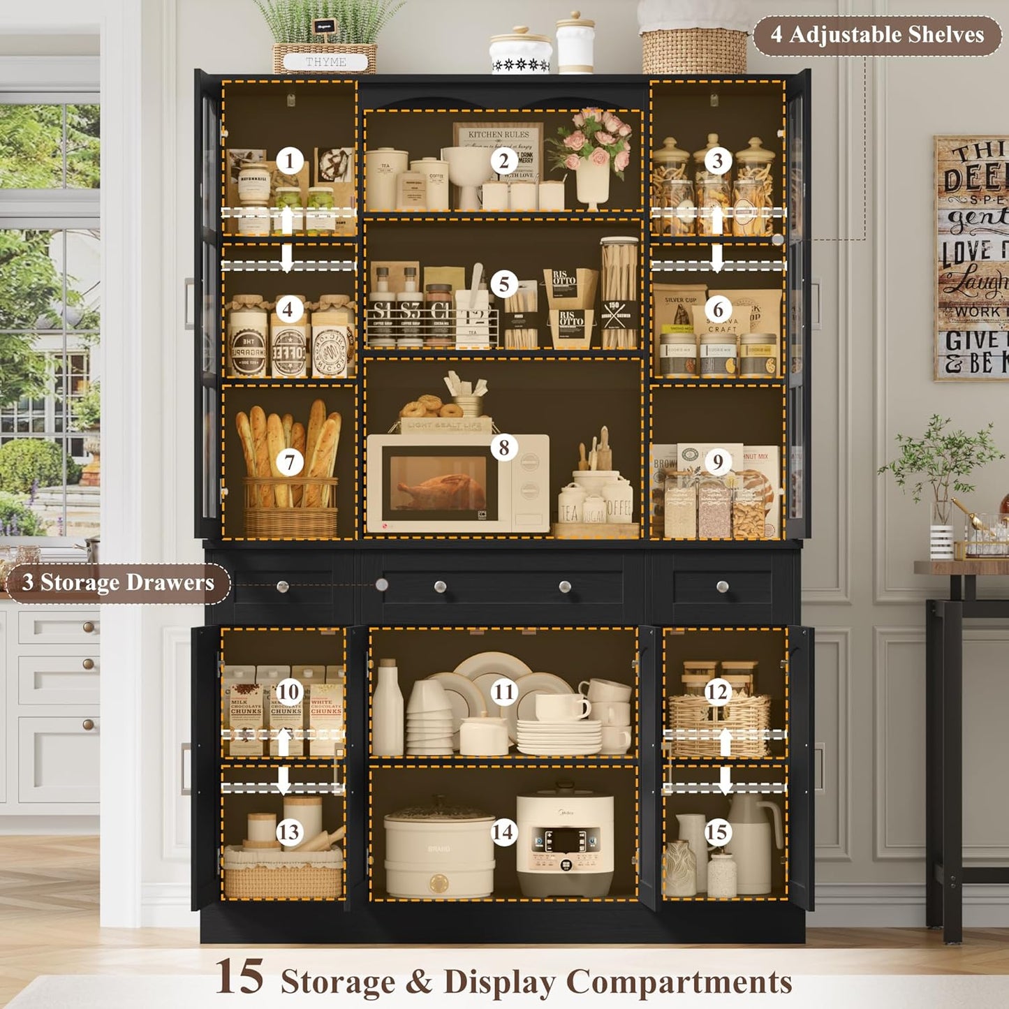 Keyluv 74.8" H Tall Pantry Cabinet with Microwave Stand and 3 Drawers, Large Kitchen Hutch Storage Cabinet with Glass Door and Adjustable Shelves for Kitchen, Dining Room, Living Room, Black