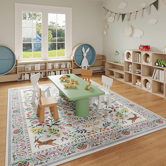 Living Room Rug 6x9 Rug Machine Washable Area Rug Floral Non-Slip Low Pile Large Rug for Living Room, Bedroom, Farmhouse, Dining Room, Kids Playroom(Colorful)