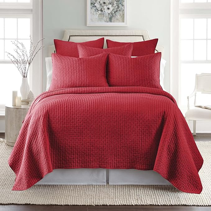 Levtex Home Cross Stitch Reversible King/Cal King Quilt Set (106x92in) with 2 Pillow Shams (36x20in) - Stitch Texture - Chile Red - Cotton King Size Quilt Bedding Set - Lightweight, Soft, Pre-Washed