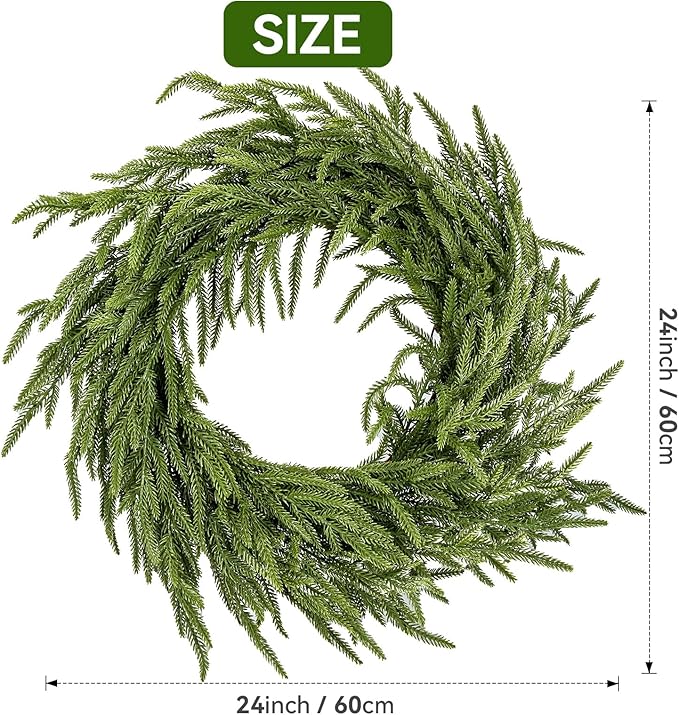 2 Pack Artificial Christmas Wreaths for Front Door, Norfolk Pine & Cedar Greenery with Red Velvet Bows, Real Touch Holiday Wreaths for Indoor Outdoor Decoration, No Assembly Needed