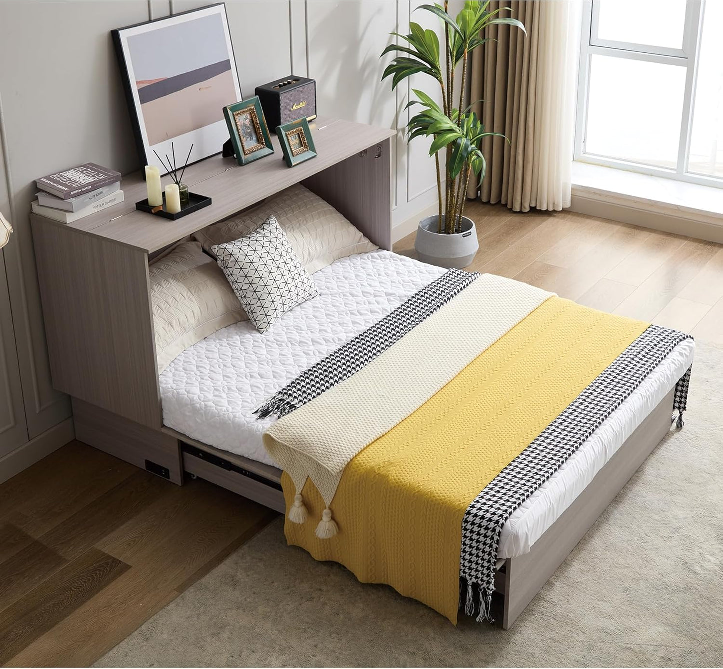 KEIKI Murphy Bed Cabinet Queen - Foldable Wall Bed with Foam Mattress, 2 Large Storage Drawers & USB Charging Station, Space Saving Furniture for Guest Room, Bedroom, Office, Living Room, Grey