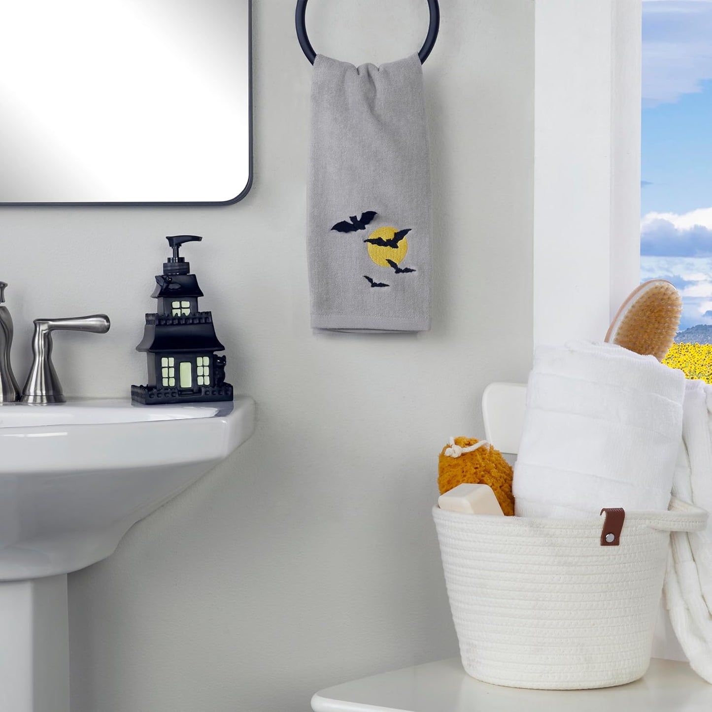 SKL Home Halloween Full Moon Flight 100% Cotton Embroidered 2pc Hand Towel Set, Decorative 3D for Bath/Kitchen/Bar & Gift, Gray