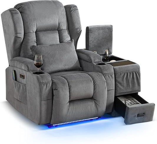 Wall Hugger Power Recliner Chair, Home Theater Seating Electric Recliing Sofa with Massage & Heat, Cup Holder, USB Port, LED Ambient Light, Storage for Living Room (Grey, Chair + Console)