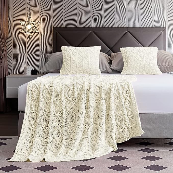 Homiest Cable Knit Throw Blanket & Pillow Set, Cream White Set of 3, Knitted Blanket (50"x60") & 2 Pillow Covers (18"x18"), Soft & Cozy Decorative Set for Couch, Bed, Sofa