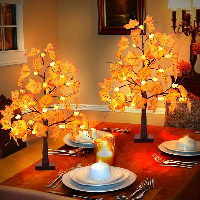 2 Pack 24 Inch Fall Maple Tree with 48LED Battery Operated Lighted Tabletop Artificial Tree with Pumpkin Acorn Maple Fall Centerpieces Indoor Fall Decorations for Home Office Thanksgiving Table Decor