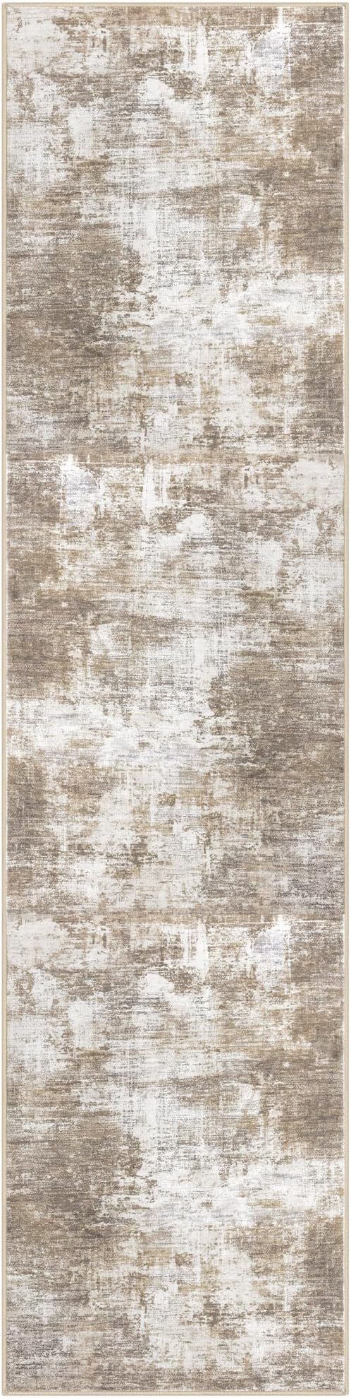 IOHOUZE Abstract Runner Rug 2x8 Ft Washable Runners for Hallways, Non Slip Kitchen Runner Printed Faux Wool Entryway Runner Indoor, Modern Abstract Floor Carpet for Hall Kitchen Bedroom, Beige Brown