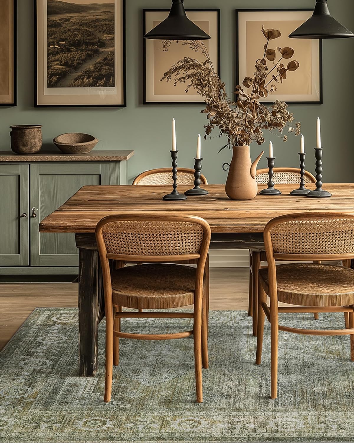 Area Rugs 6x9 for Living Room Bedroom, Modern Boho Machine Washable Large Distressed Light Greyish Sage Green Rug, Low Pile Floor Carpet with Non Slip Backing for Dining Room