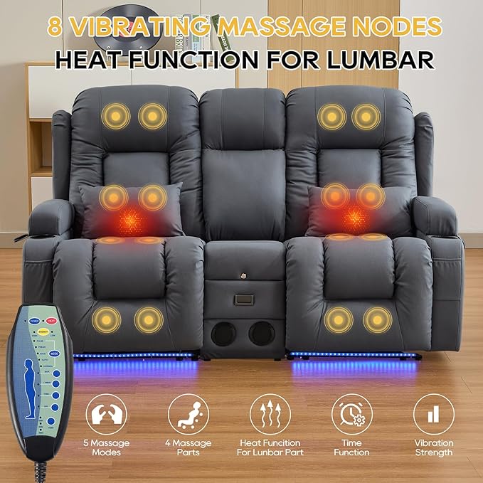 IPKIG 67" Power Reclining Loveseat Sofa, Electric Home Theater Seating with Console/4 Colors Ambient Lighting/Bluetooth Speakers/USB Ports/Built-in Outlets (Light Blue, Loveseat Recliner)