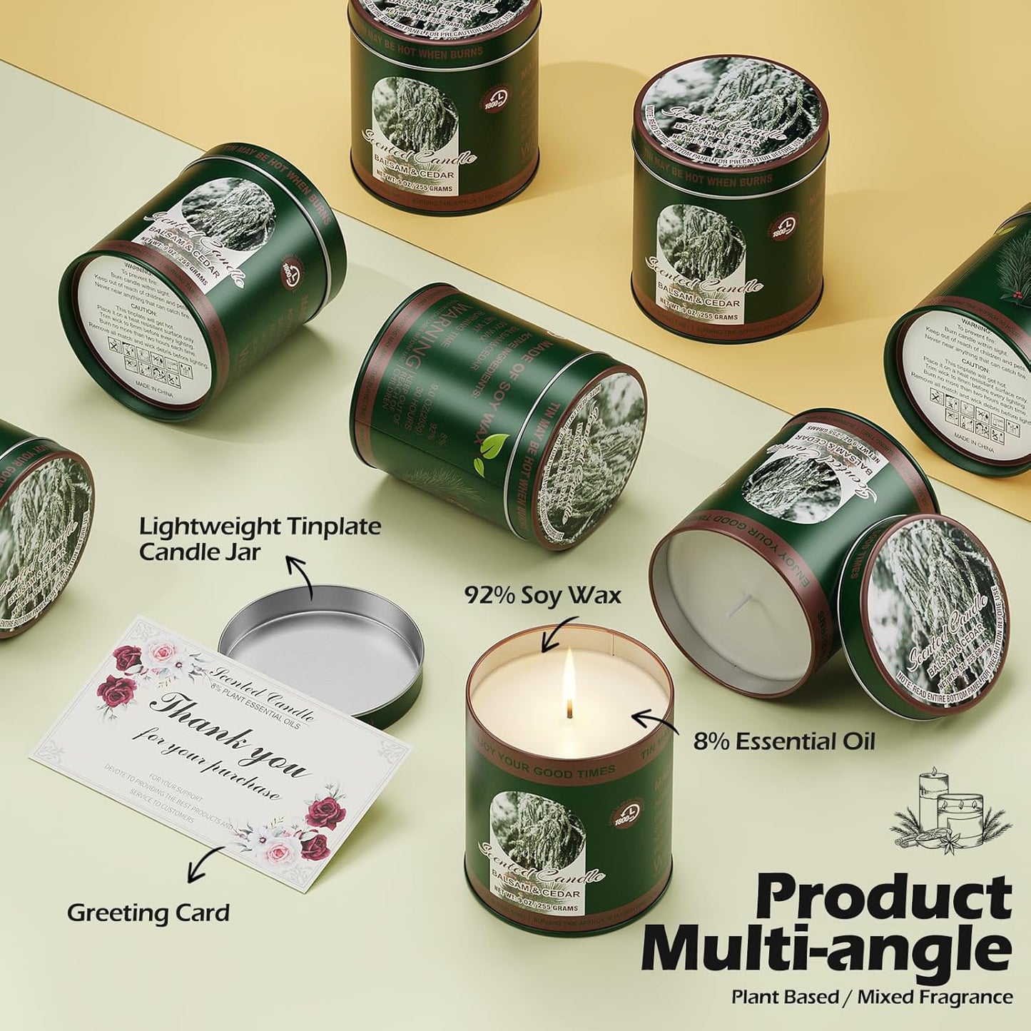 Balsam & Cedar Scented Candle Set | 2 Pack 510g 8% Essential Oils Long-Lasting 60H Burn | Pure Soy Wax Clean-Burning Smoke-Free | Aromatherapy Tin Jar Candles | Colorful Packaging Gift for Men&Women