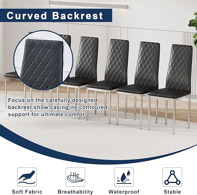 JT Modern Minimalist Dining Chair Fireproof Leather Sprayed Metal Pipe Diamond Grid Pattern Restaurant Home Conference Chair Set of 4 Or 6 (8, Grey)