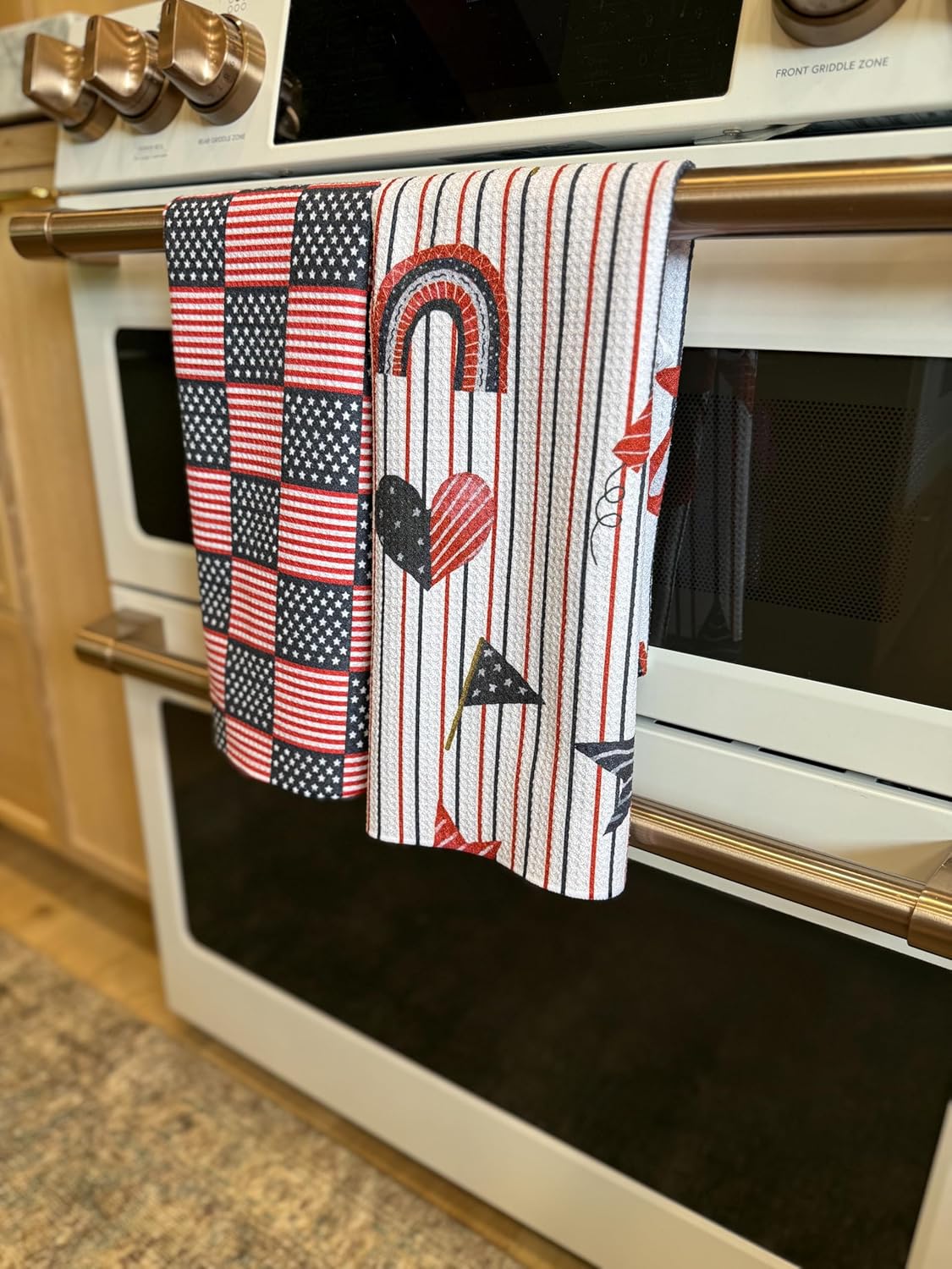 2 Pack|| Double Sided || Not Your Ordinary Kitchen Towels || Dish Towels || Quick Dry || Waffle Weave Microfiber || Designer Prints || Highly Absorbent || Hanging Hook (4th of July Navy)