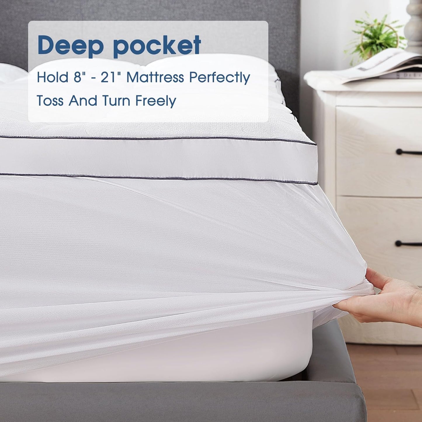 Mattress Topper Pillow Top Extra Thick Flannel Mattress Pad Cover for Back Pain Bed Soft Fluffy Down Alternative with 8-21" Deep Pocket White