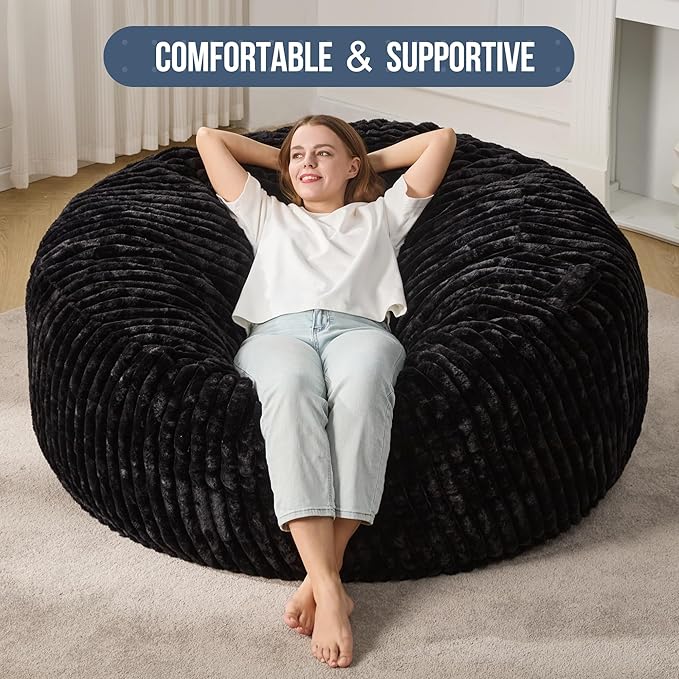 Hobestluk 5ft Bean Bag Chairs for Adults Large Beanbag Chair with Stripe Plush Cover Big Bean Bag Chair for Living Room Bedroom Dorm Office -Black (50” x 50” x 24”)