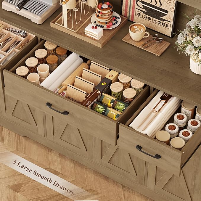 HOSTACK 71" Tall Kitchen Pantry Storage Cabinet with Charging Station, 55" Wide Kitchen Hutch Cabinet with Large Countertop, Farmhouse Food Pantry with Drawers for Living Room (Rustic Brown)