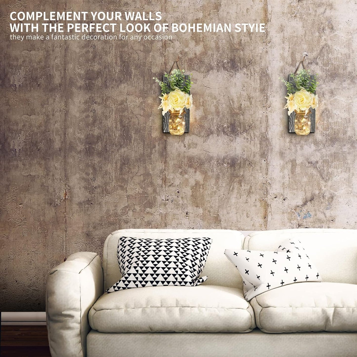 HOMKO Rustic Wall Decor, Mason Jars Wall Sconces with Remote LED Lights, Hanging Rural Retro Decor (Set of 2) - Rustic Grey