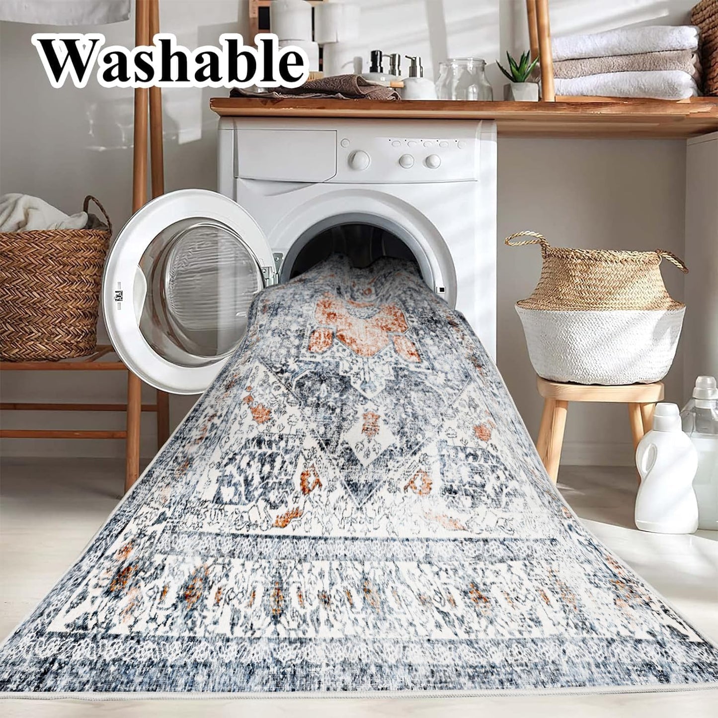 5x7 Washable Thin Foldable Area Rug Gray Vintage Rug Traditional Floor Cover Retro Kitchen Indoor Distressed Non Slip Carpet Floral Print Mat Bedroom Living Room