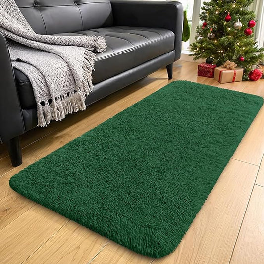 OLANLY 2x4 Machine Washable Runner Rugs for Hallway, Soft Fluffy Shaggy Bedside Rugs for Bedroom, Living Room, Indoor Floor Carpet for Kids Girls Boys, Nursery Rooms, Home Decor Aesthetic, Dark Green