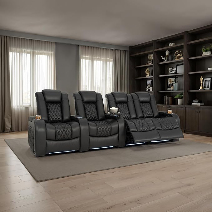 Seatcraft Diamante Zero-Gravity CoolZero Italian Leather Home Theater Seating, Power Headrest, Power Recline, Row of 4 Right Loveseat, Black