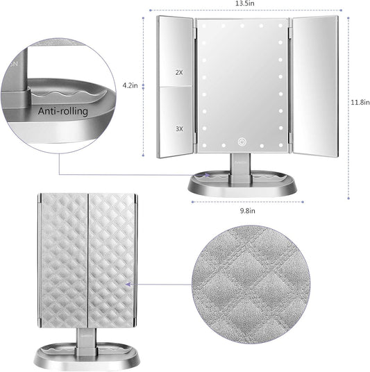 deweisn Trifold Lighted Vanity Makeup Mirror with 21 LED Lights,1/2/3 Magnification and Dimming,Two Power Supplies Makeup Mirror,Gift for Women