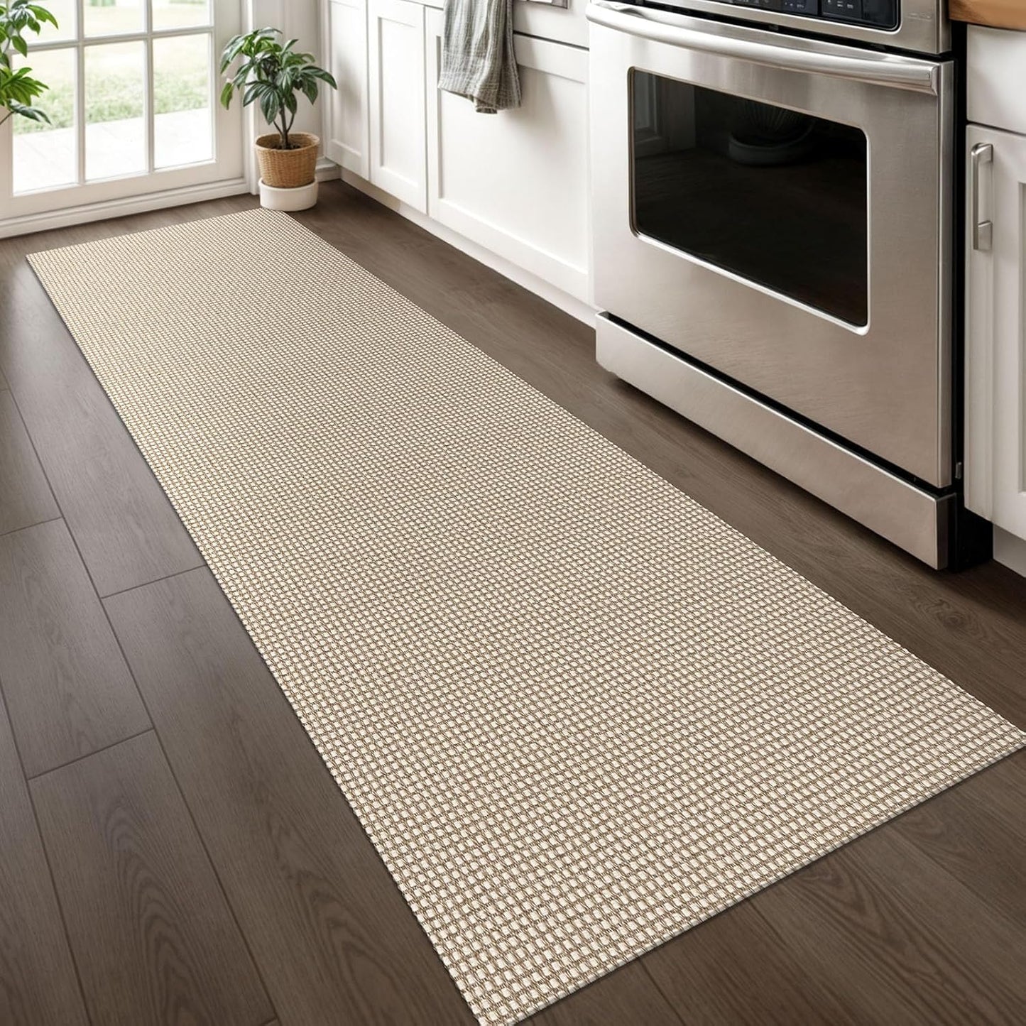 KOZYFLY Runners for Hallways 2x6 ft Washable Kitchen Runner Non Slip Rubber Backed Hall Runners Cotton Entryway Runner Rugs Floor Carpet for Indoor Backdoor Bedroom Kitchen, Ivory/Khaki