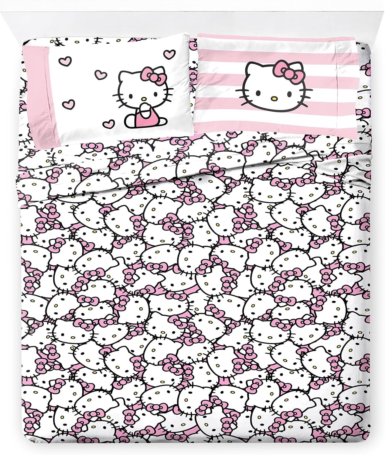 Jay Franco Sheet Set with Fitted, Flat Sheets & Pillow Cover - Ultra-Soft Bedding with Pillowcase for Room Decor, Multi - Hello Kitty, 4 Piece Full
