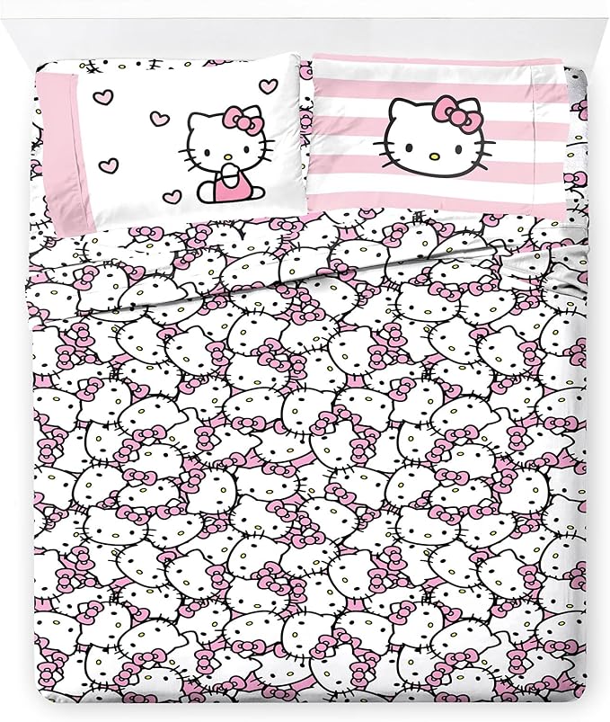 Jay Franco Sheet Set with Fitted, Flat Sheets & Pillow Cover - Ultra-Soft Bedding with Pillowcase for Room Decor, Multi - Hello Kitty, 4 Piece Full