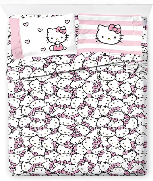 Jay Franco Sheet Set with Fitted, Flat Sheets & Pillow Cover - Ultra-Soft Bedding with Pillowcase for Room Decor, Multi - Hello Kitty, 4 Piece Full
