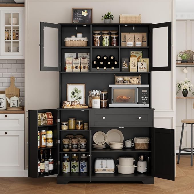 HOSTACK Kitchen Pantry Storage Cabinet with Hutch, Tall Kitchen Hutch with Microwave Stand, Food Pantry Cabinet with Doors and Shelves | Wine Rack for Dining Room, Black