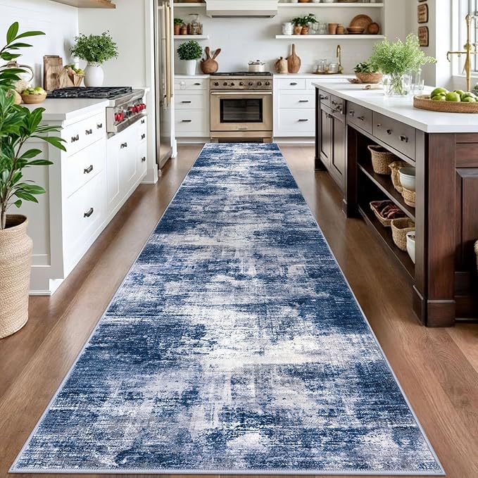 IOHOUZE Abstract Runner Rug 3x16 Ft Washable Runners for Hallways, Non Slip Kitchen Runner Printed Faux Wool Entryway Runner Indoor, Modern Abstract Floor Carpet for Hall Stair, Navy/Grey