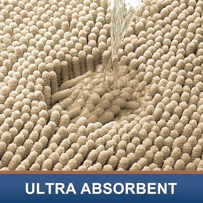 Smiry Luxury Chenille Bathroom Rugs 34x21, Extra Soft and Absorbent Shaggy Bath Mat, Machine Washable, Non-Slip Plush Carpet Runner for Tub, Shower, and Floor, Home Decor Accessories, Beige
