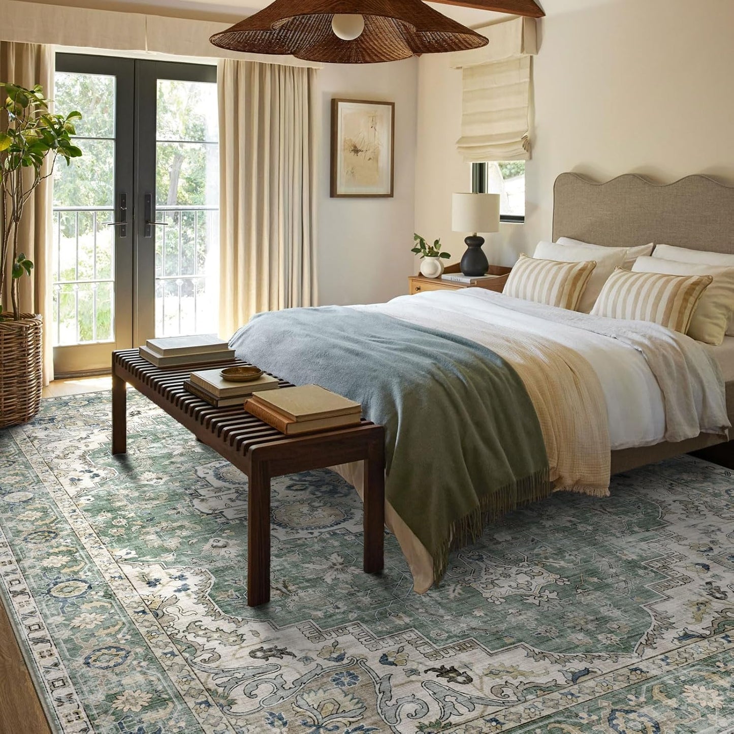 Washable Area Rug 8x10 - Large Sage Green Boho Rugs for Living Room Soft Vintage Bedroom Rug Ultra-Thin Distressed Oriental Carpet Stain Resistant Rug for Dining Room Guest Room Home Decor