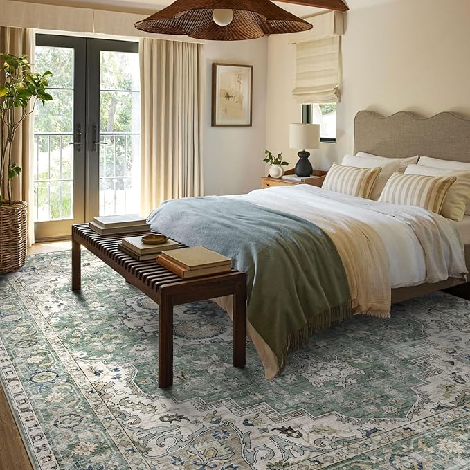Washable Area Rug 8x10 - Large Sage Green Boho Rugs for Living Room Soft Vintage Bedroom Rug Ultra-Thin Distressed Oriental Carpet Stain Resistant Rug for Dining Room Guest Room Home Decor